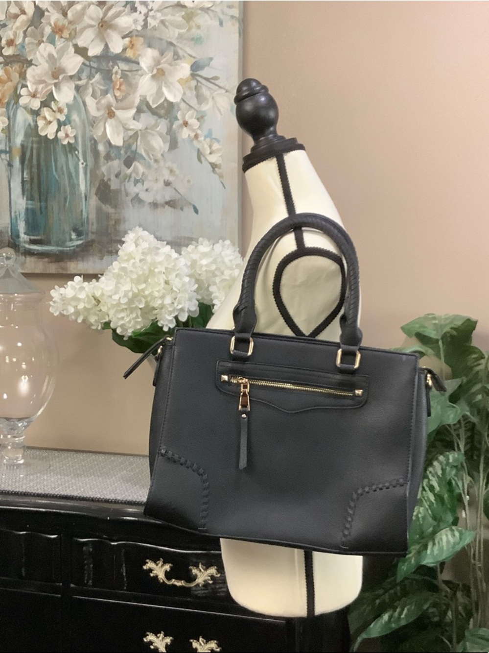 Miztique Black Structured Satchel with Gold Hardware